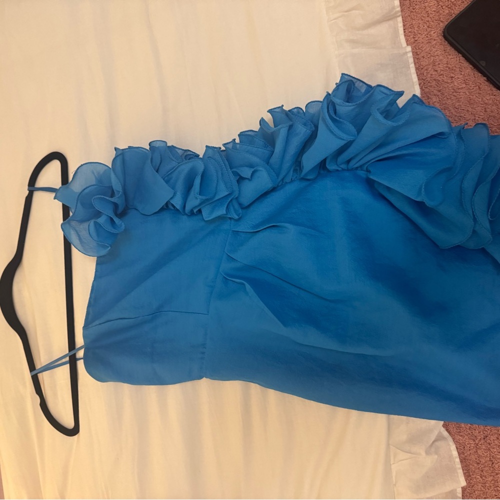 Blue Ruffled Strapless Dress - Picture 2 of 3